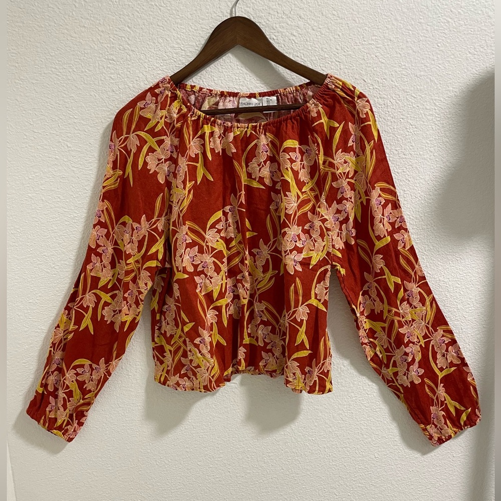 Rachel Zoe Red Orange Floral Linen Blouse with Yellow Accents